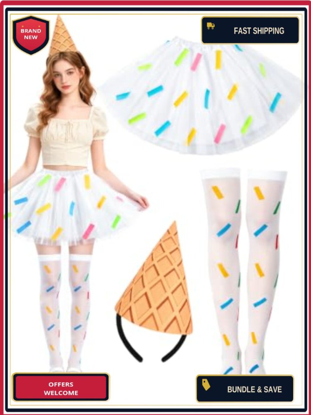 Ice Cream Costume Set 3D Cone Hat Tutu Stockings Halloween